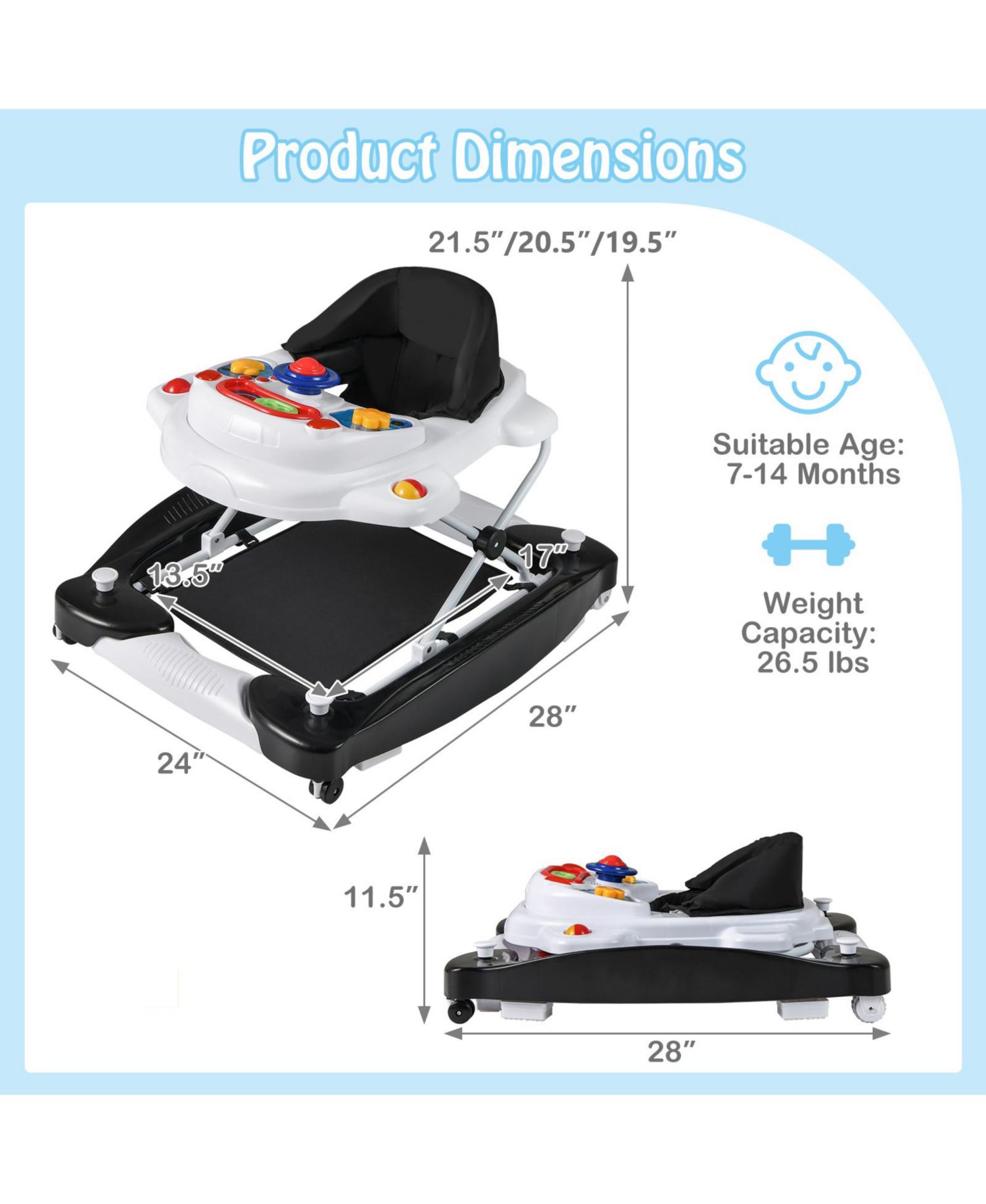 Toddler Baby Walker 6-in-1 Foldable Design with Adjustable Height Support