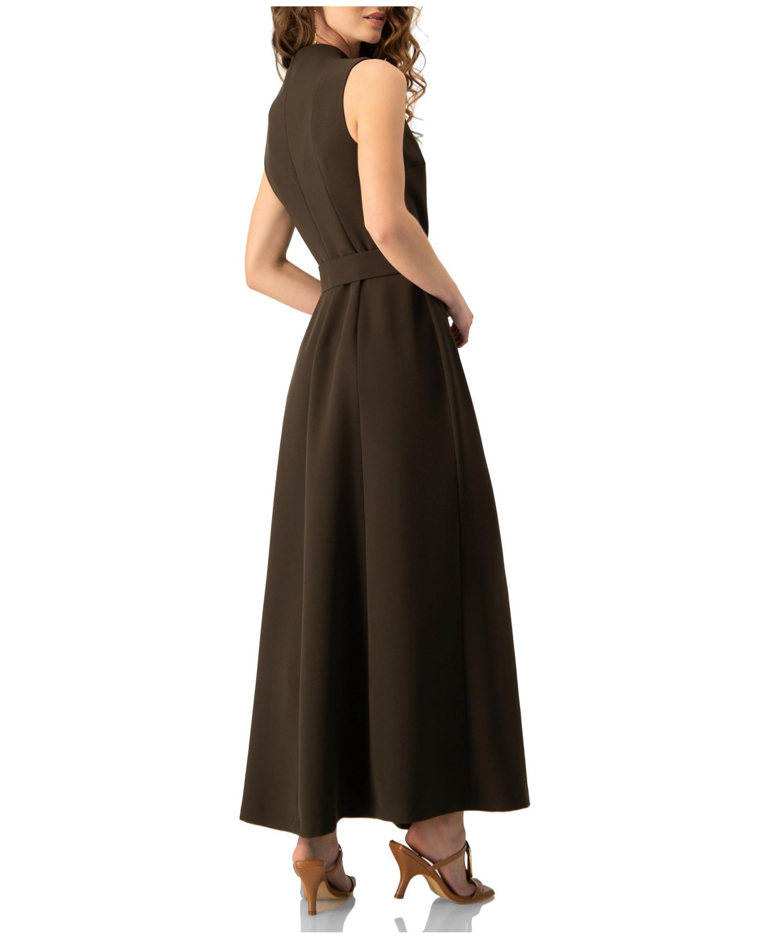 Women's Sleeveless Belted A-Line Maxi Dress with Ring Buckle
