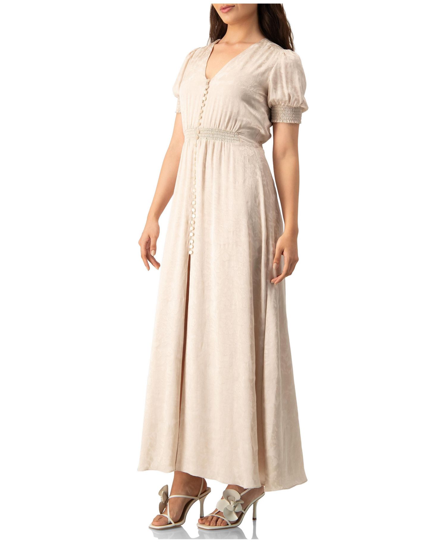 Women's Jacquard Satin Button-Front Maxi Dress with Puff Sleeve and Smocked Waist