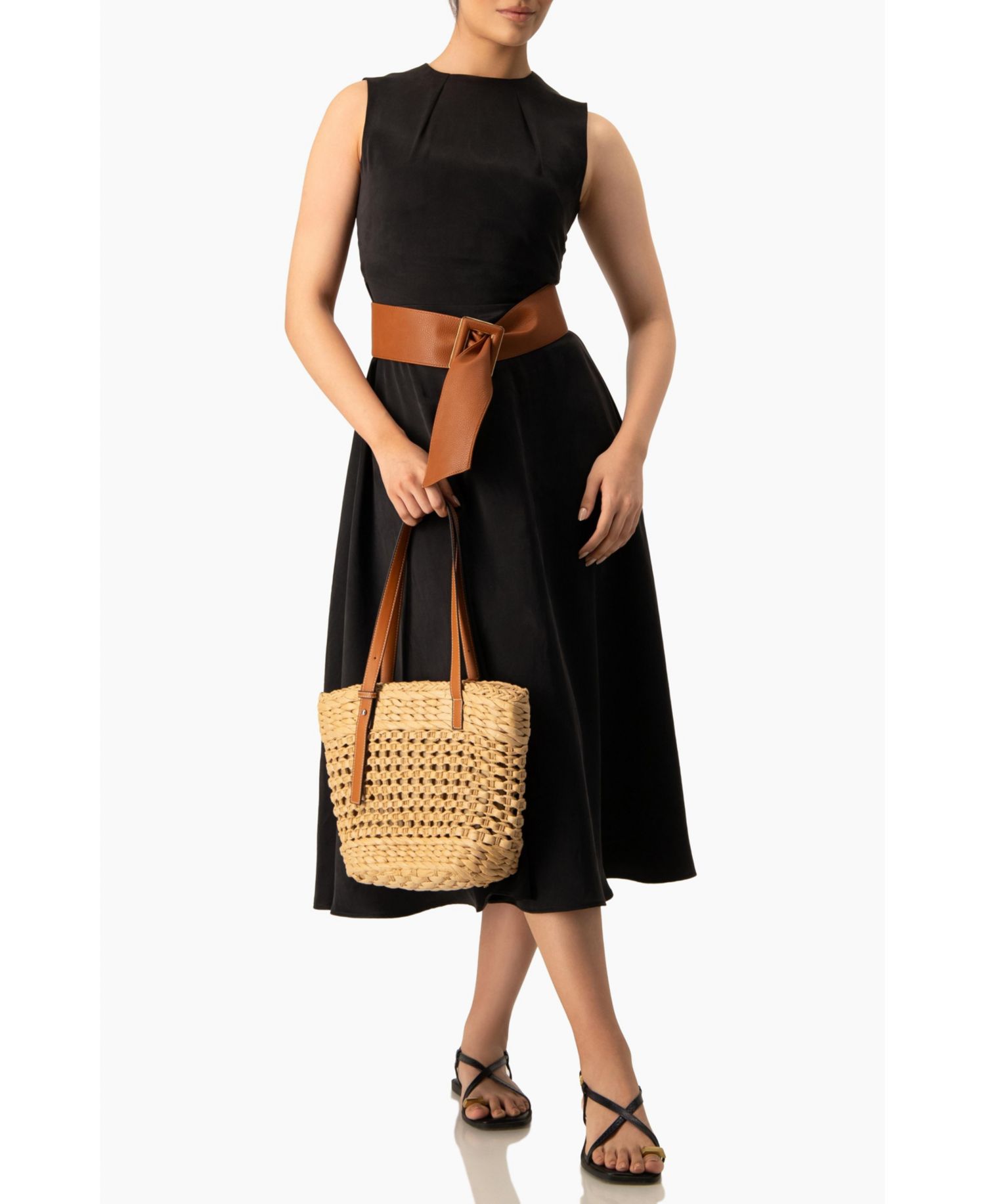Women's Sleeveless Tie-Waist A-Line Midi Fit-and-Flare Dress with Sash Belt