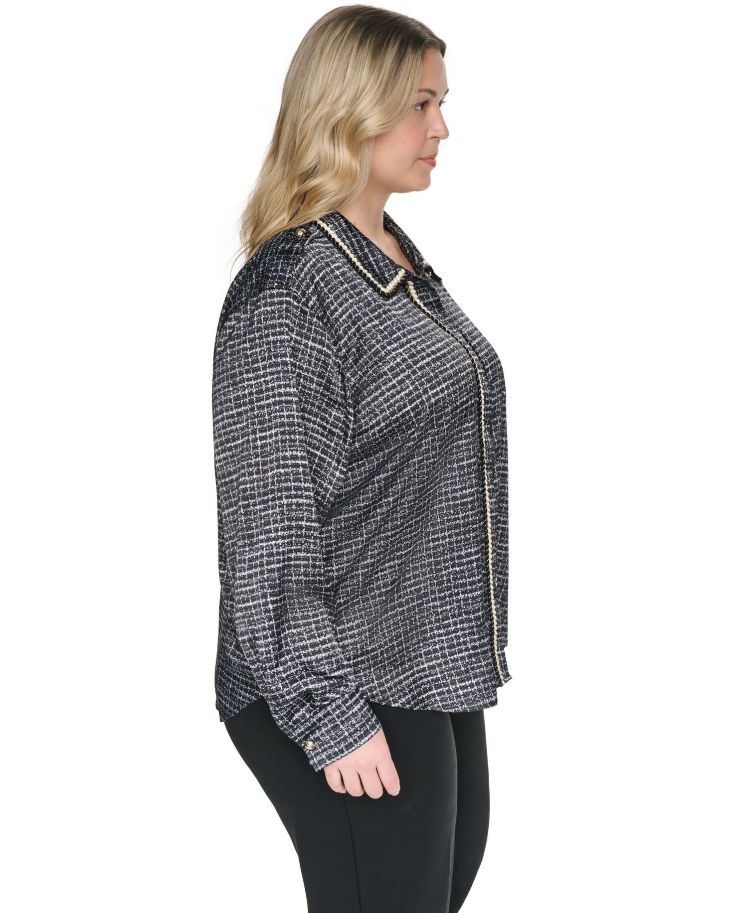Plus Size Tweed Print Collared Long-Sleeve Top