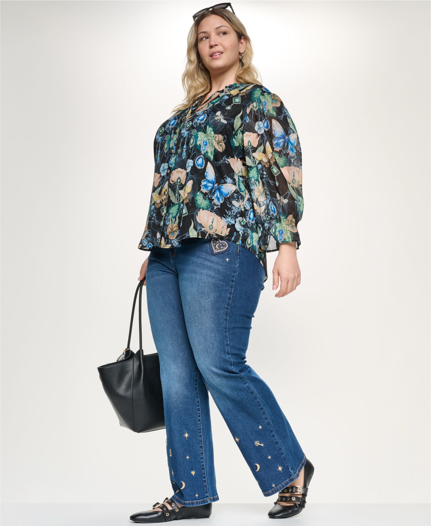 Plus Size Printed Collared Long-Sleeve Top