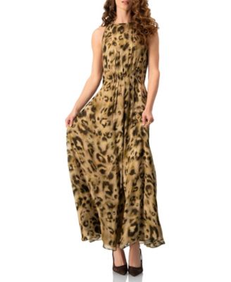 Women's Abstract Animal Print Chiffon, Sleeveless Cinched-Waist A-Line Maxi Dress