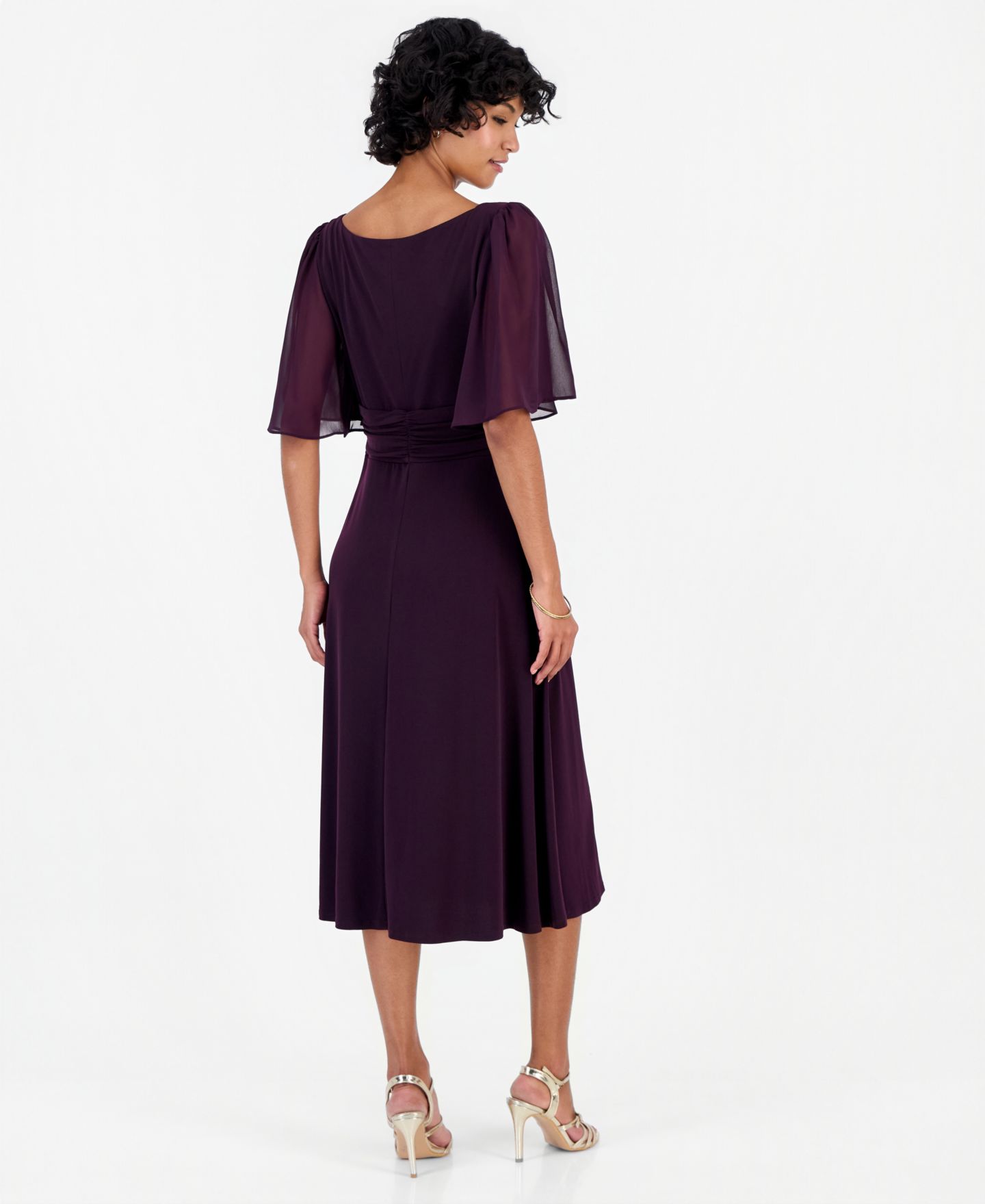 Женское платье Connected Petite Flutter-Sleeve Midi, цвет: Баклажановый — фото 3