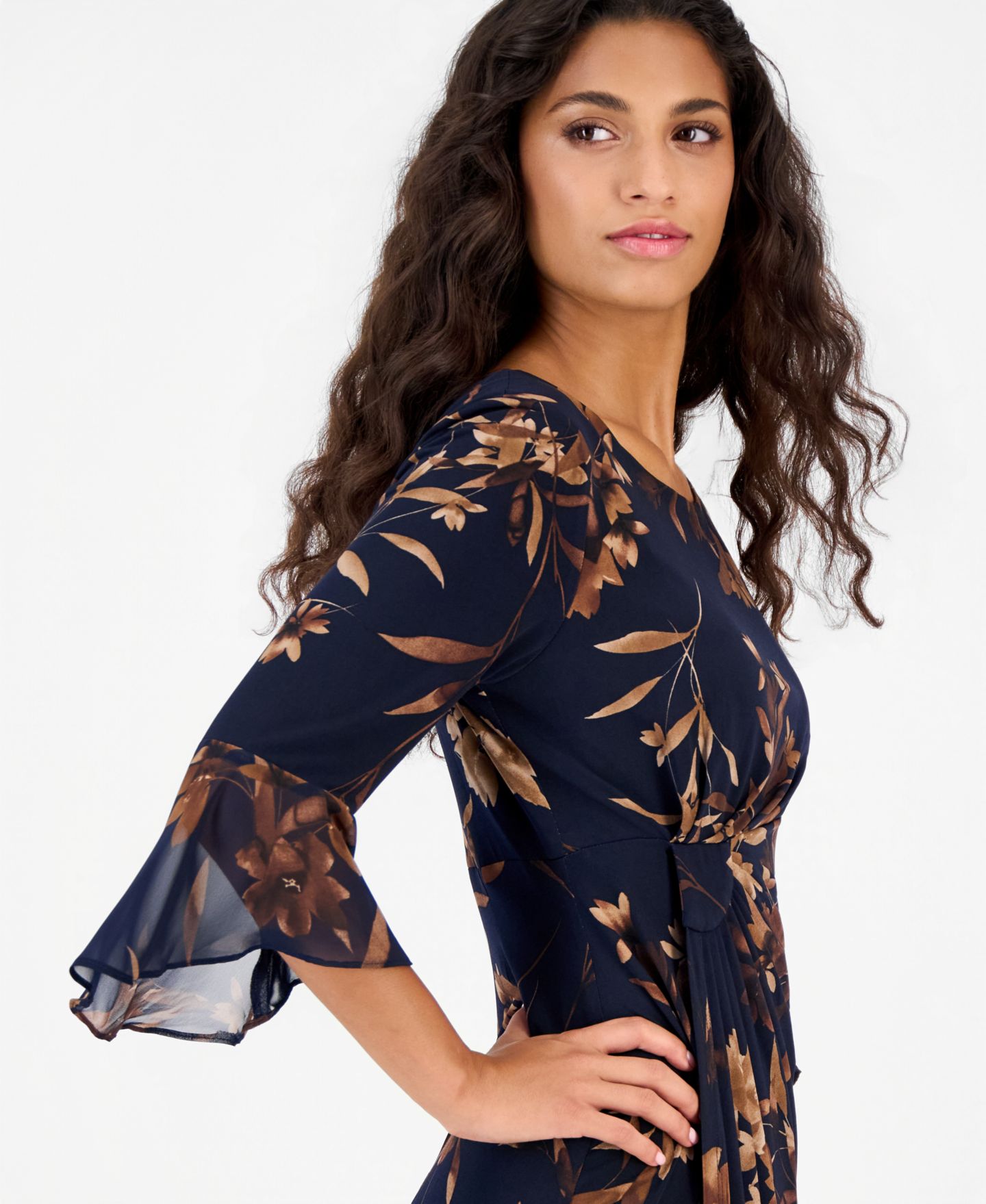 Женское платье Connected Petite Side Tab Floral 3/4-Sleeve Flounce-Cuff, цвет: Тёмно-синий — фото 3