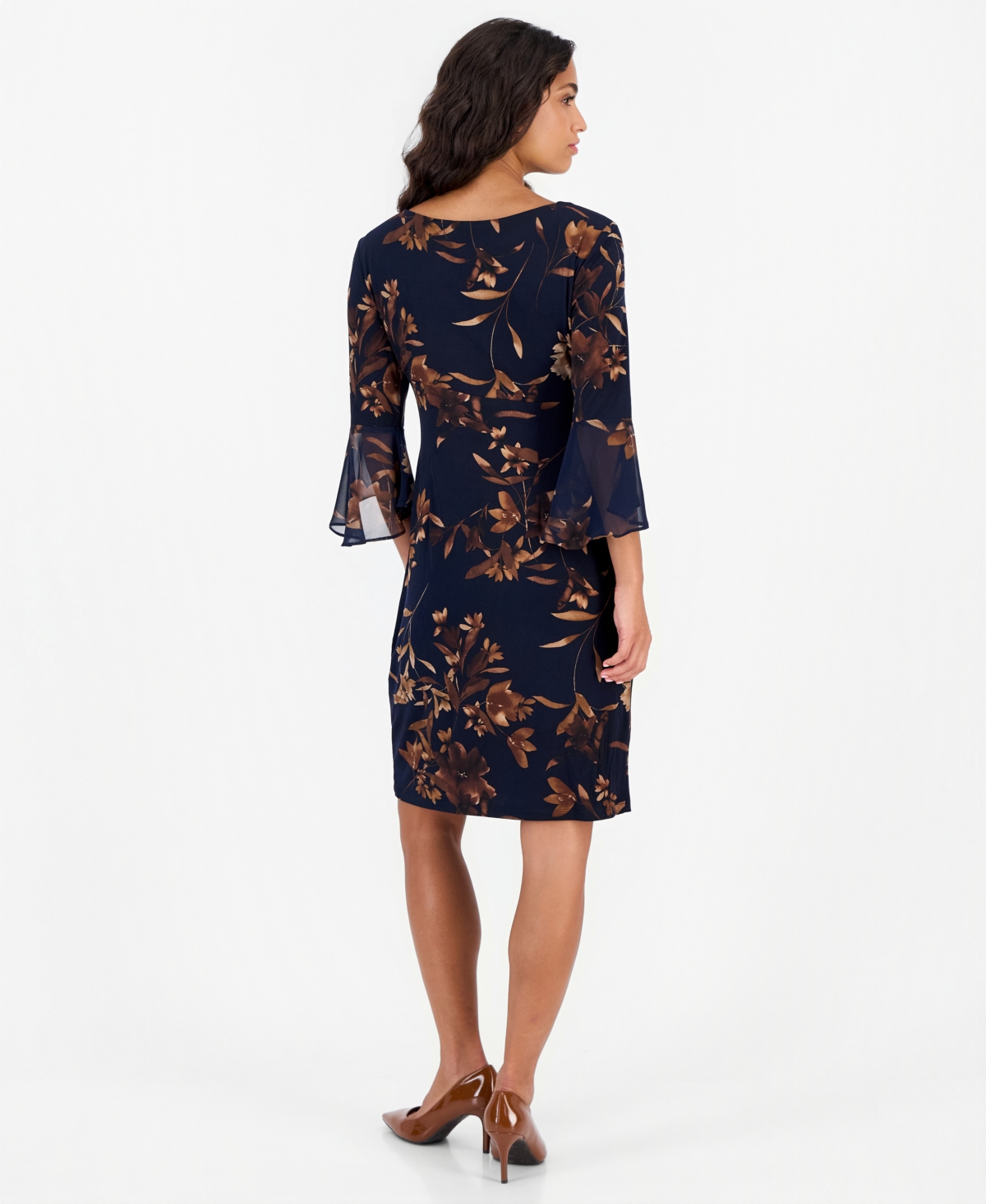 Connected Petite Side Tab Floral 3/4-Sleeve Flounce-Cuff Dress