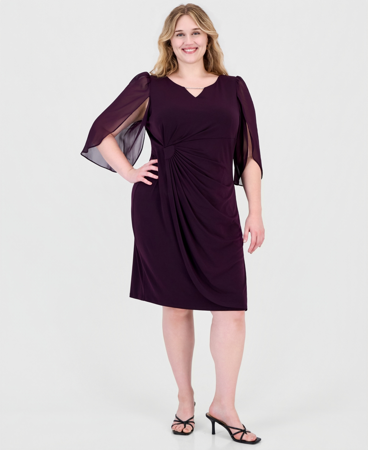 Connected Plus Sheer-Sleeve Chain-Detail Sheath Dress