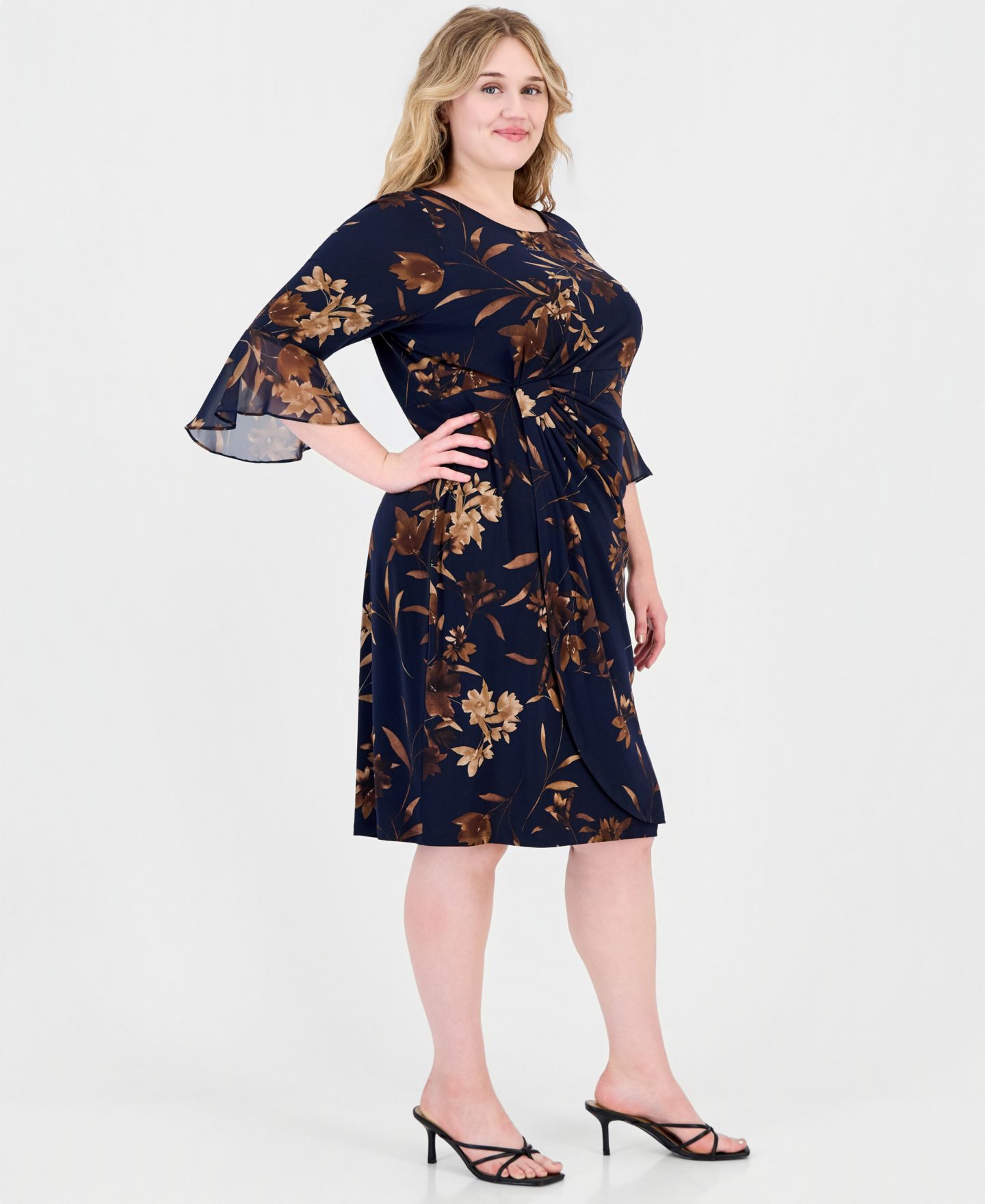 Женское платье Connected Plus Side Tab Floral 3/4-Sleeve Flounce-Cuff, цвет: Тёмно-синий — фото 5