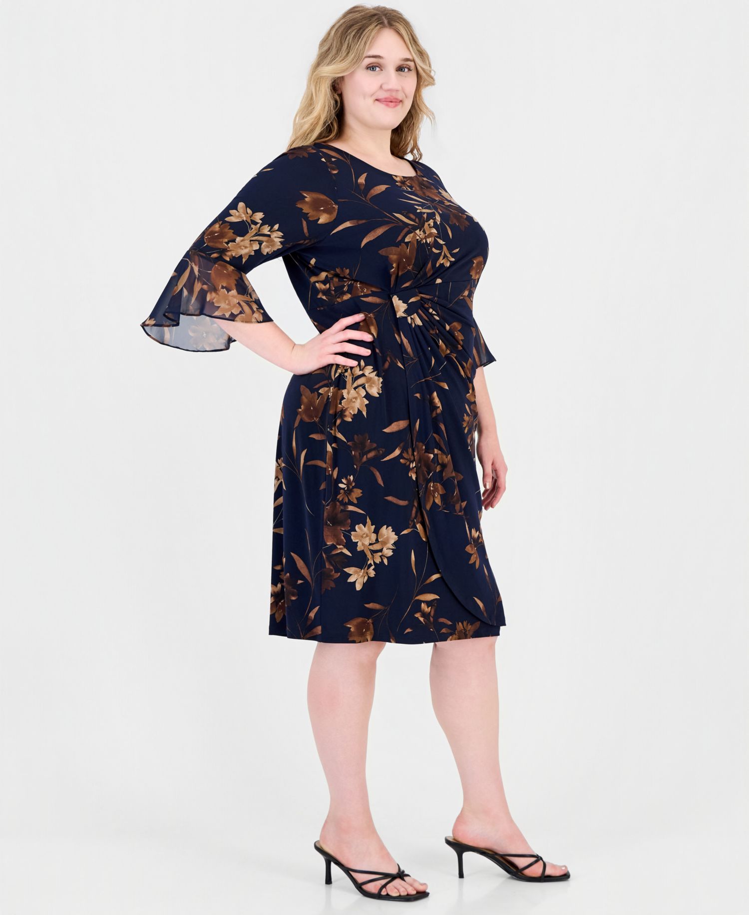 Petite Side Tab Floral 3/4-Sleeve Flounce-Cuff Dress