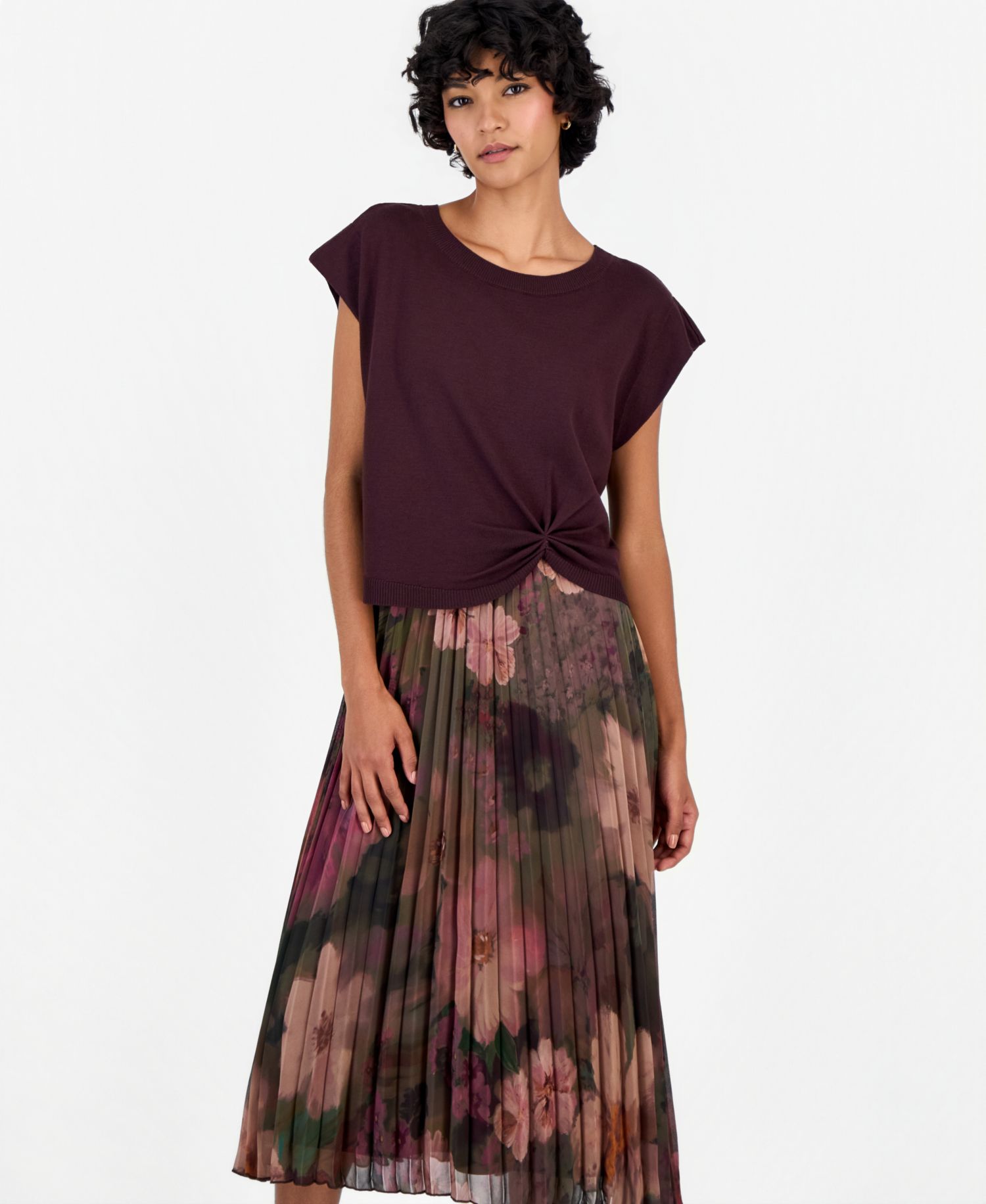 Petite Knit-Bodice Pleated-Skirt Dress