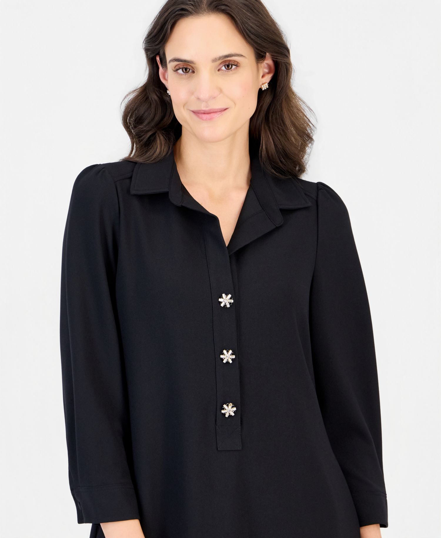 Petite Collared 3/4-Sleeve Flared-Hem Dress