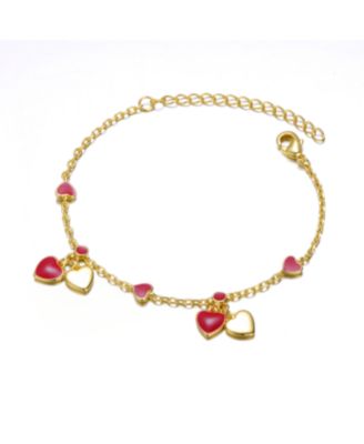 Kids 14k Gold Plated Red Enamel Dangle Heart Charm Bracelet for Toddler/Kids
