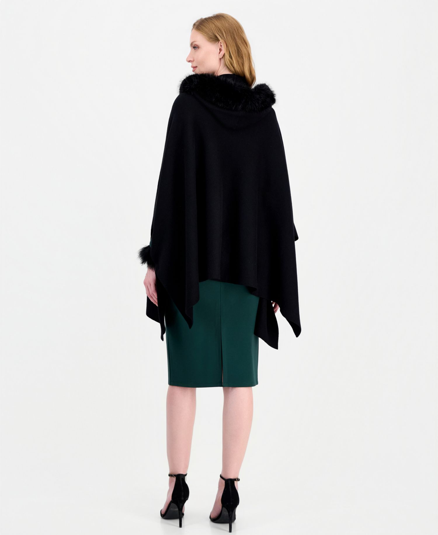 Women's Hooded Faux-Fur Trim Cape