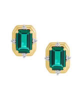Lab-Grown Emerald (1-1/10 ct. t.w.) & Diamond (1/20ct. t.w.) Stud Earrings in 14k Yellow Gold-Plated Sterling Silver