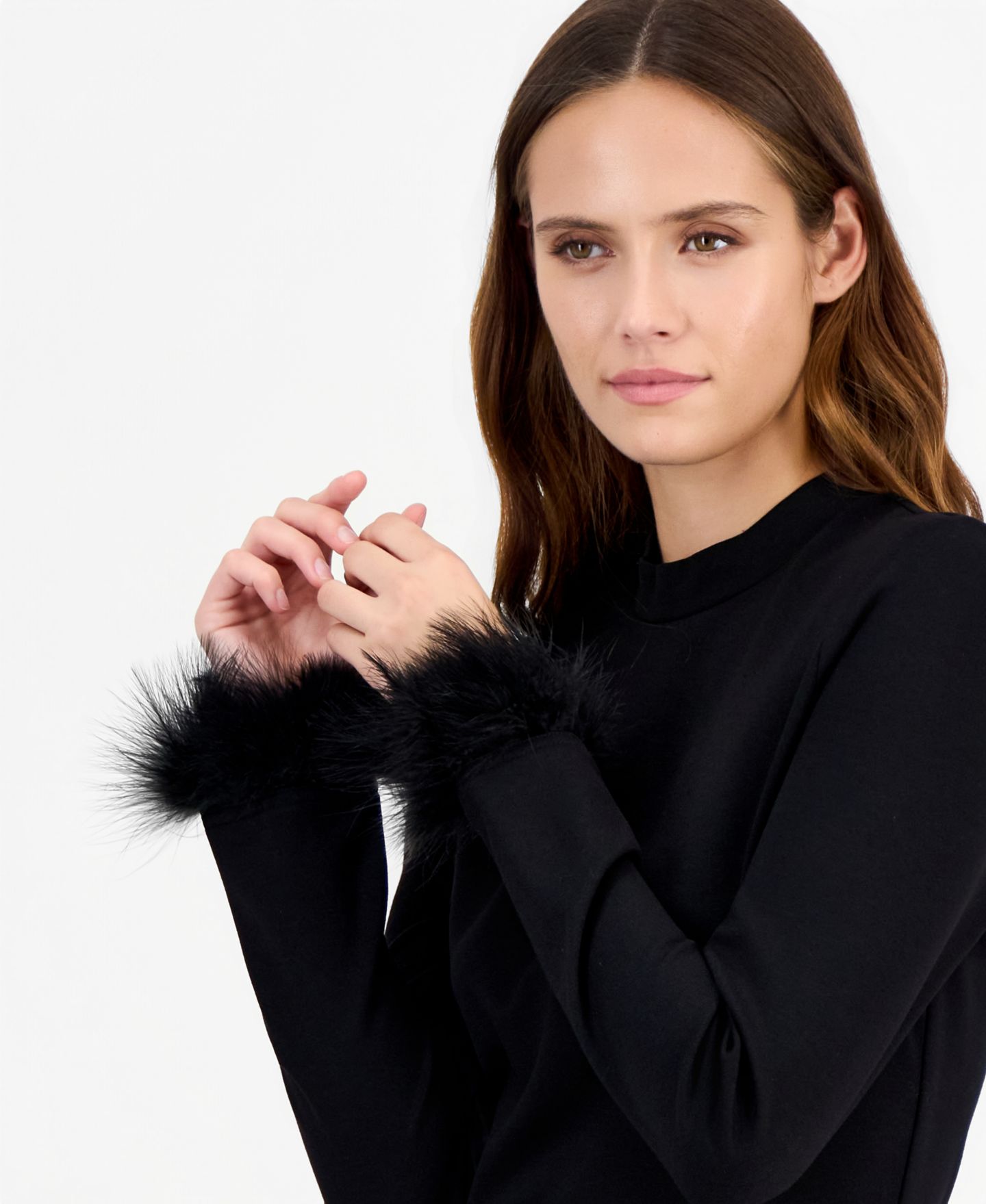 Женское платье Anne Klein Feather Trim Sheath Long-Sleeve Mock-Neck Midi, цвет: Чёрный — фото 5