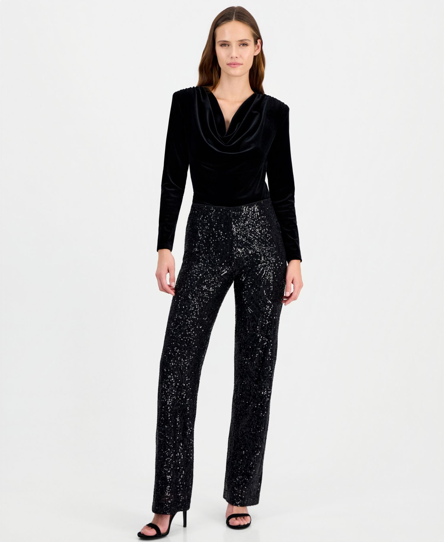 Women's Pull-On High-Waisted Wide-Leg Sequin Mesh Pants