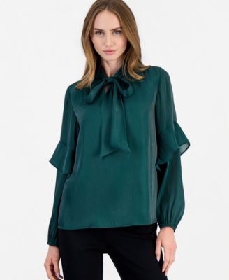 Women's Bow Tie Long-Sleeve Ruffle Blouse