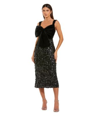 Women's Sleeveless Sequin Midi Dress With Velvet Bow