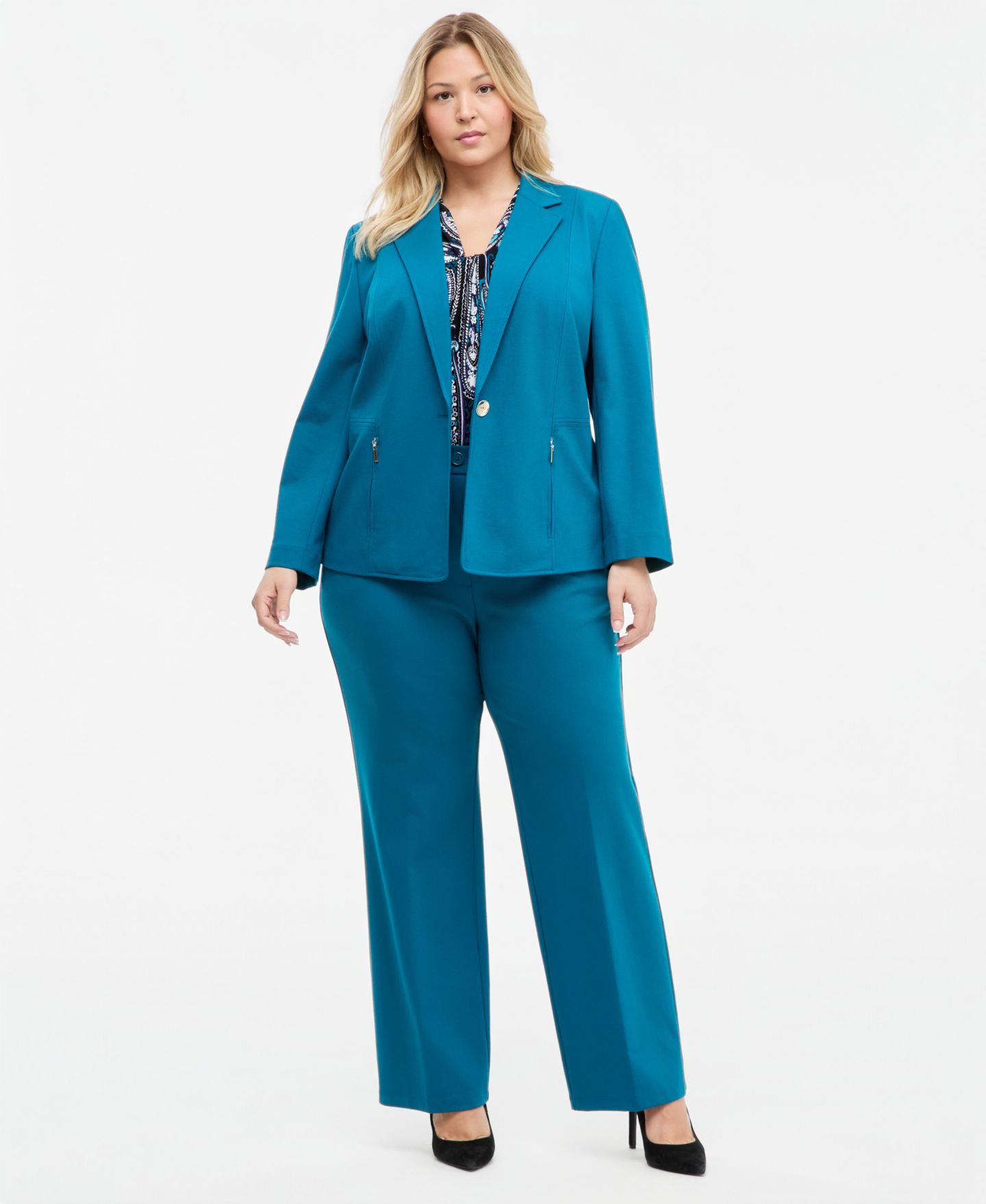 Женский пиджак Kasper Plus Size Notch-Collar Single-Button Blazer, цвет: Бирюзовый — фото 2
