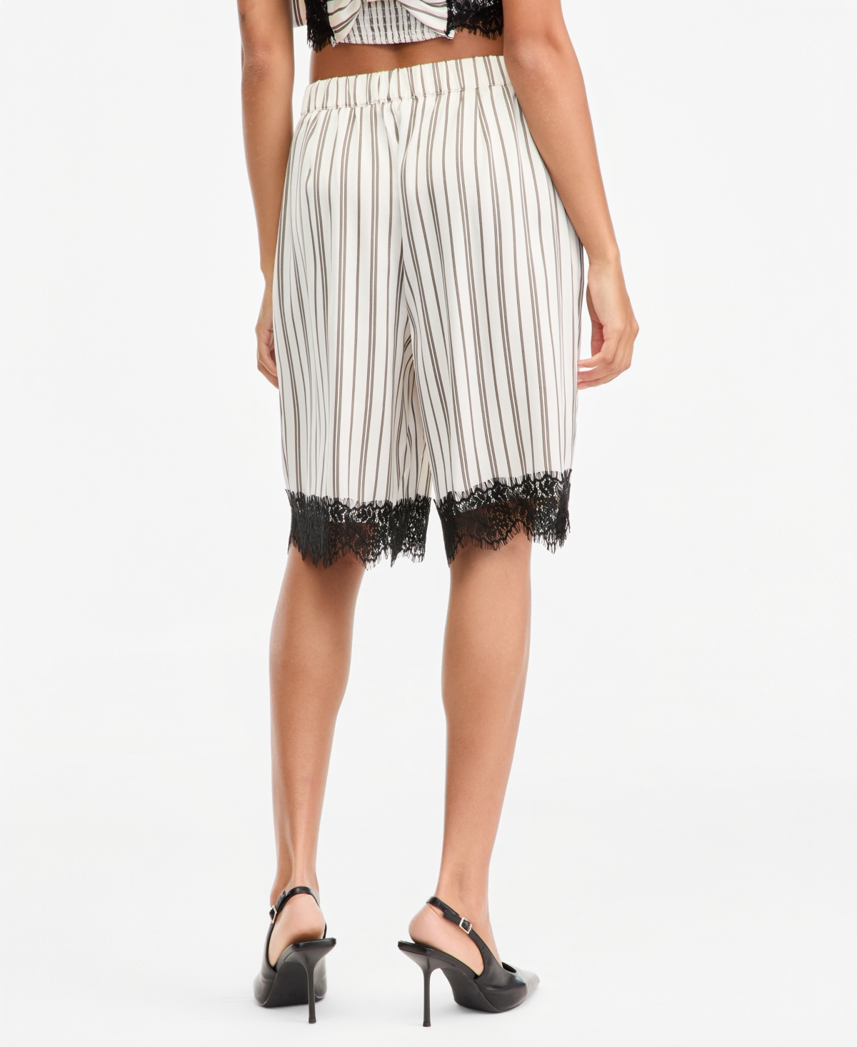 Bar Iii Women's Pinstripe Satin High-Waisted Lace-Trim Shorts, Macy's Exclusive