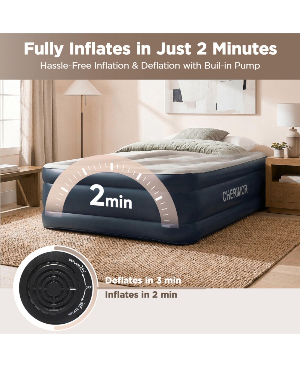 Cherimor 20" Twin Xl Air Mattress with Built-in Pump, 500lb Capacity, Fast Inflation Guest Bed, Honeycomb Support, Blue