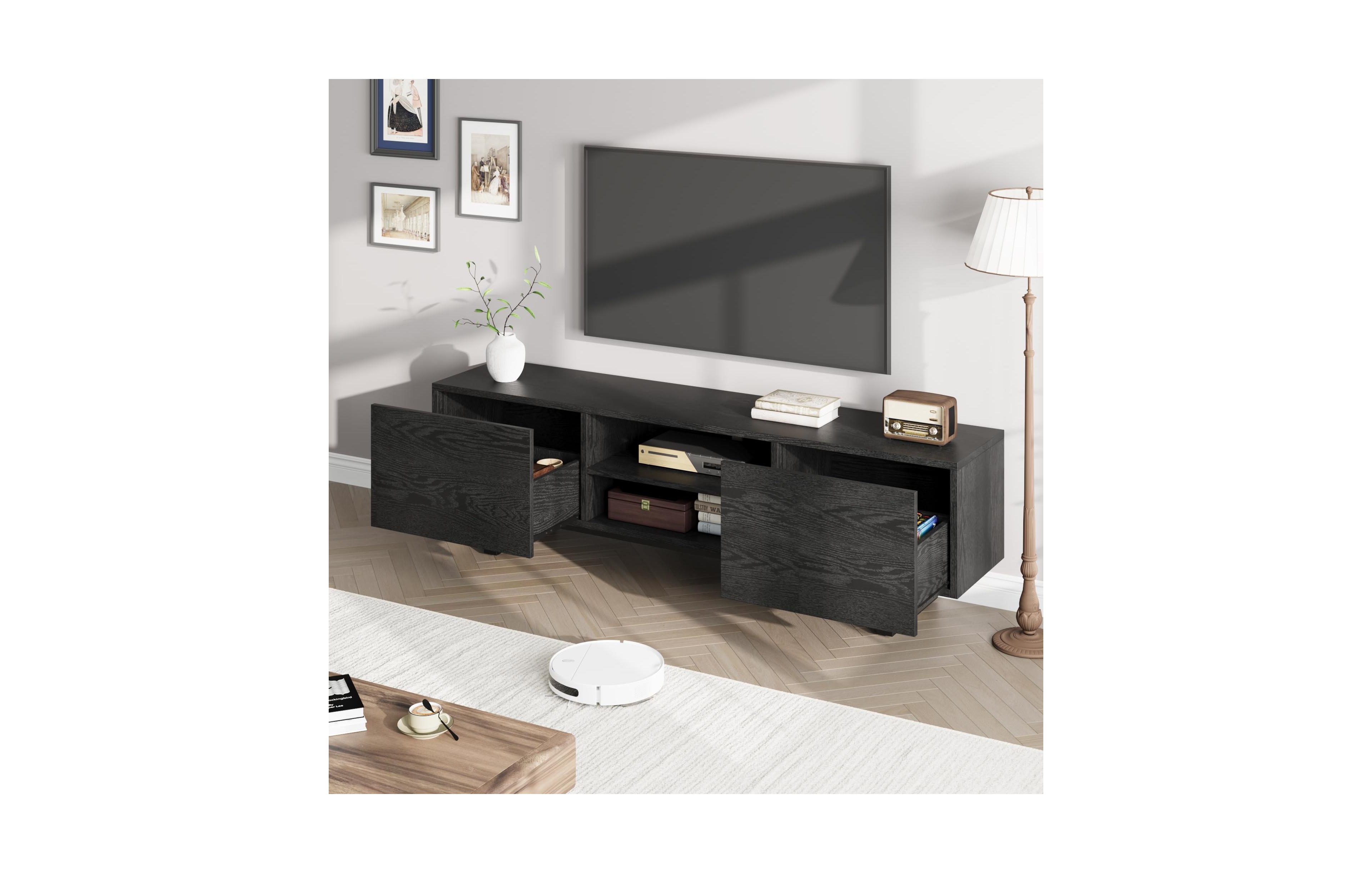 homfan Industrial Entertainment Center with 2 Drawers, Wooden Media Cabinet Heavy Duty Legs and Open Storage, Tv Console Table for Living Room