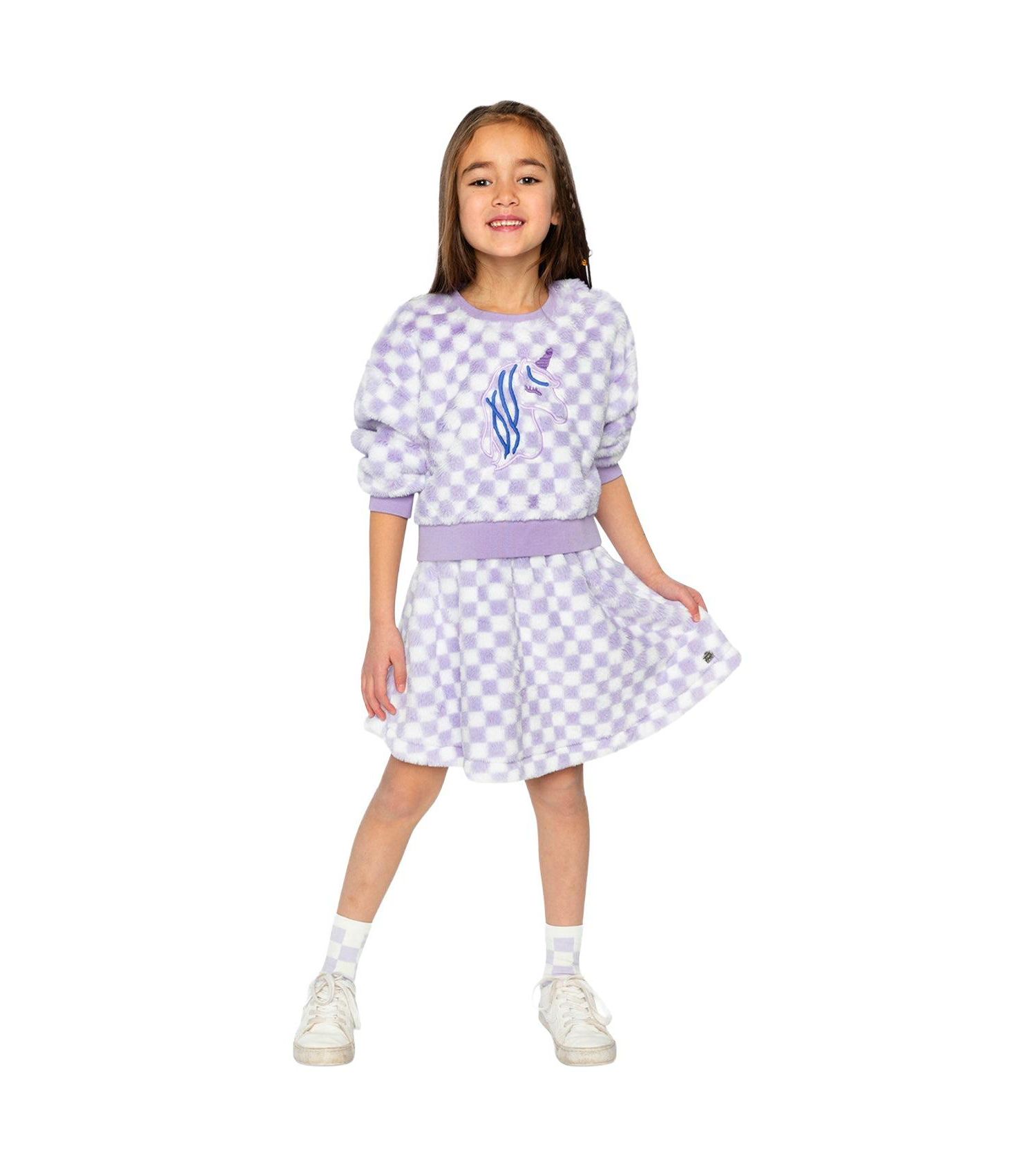 Little and Big Girl 6-12 Faux Fur Top Lilac and Tiles