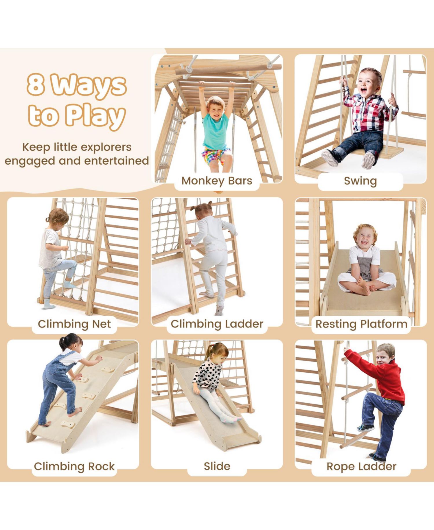 8-in-1 Kids Jungle Gym with Slide Monkey Bars and Climbing Frame