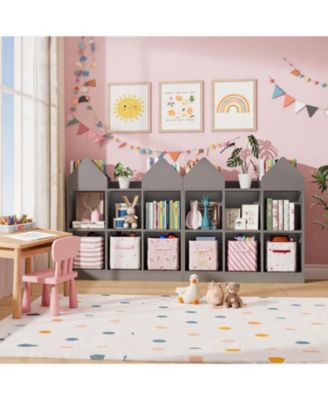 Set of 2 Kids Castle Cube Toy Storage Organizer, Wooden 6 Cubby Bookshelf with Anti Tip Device for Playroom or Bedroom
