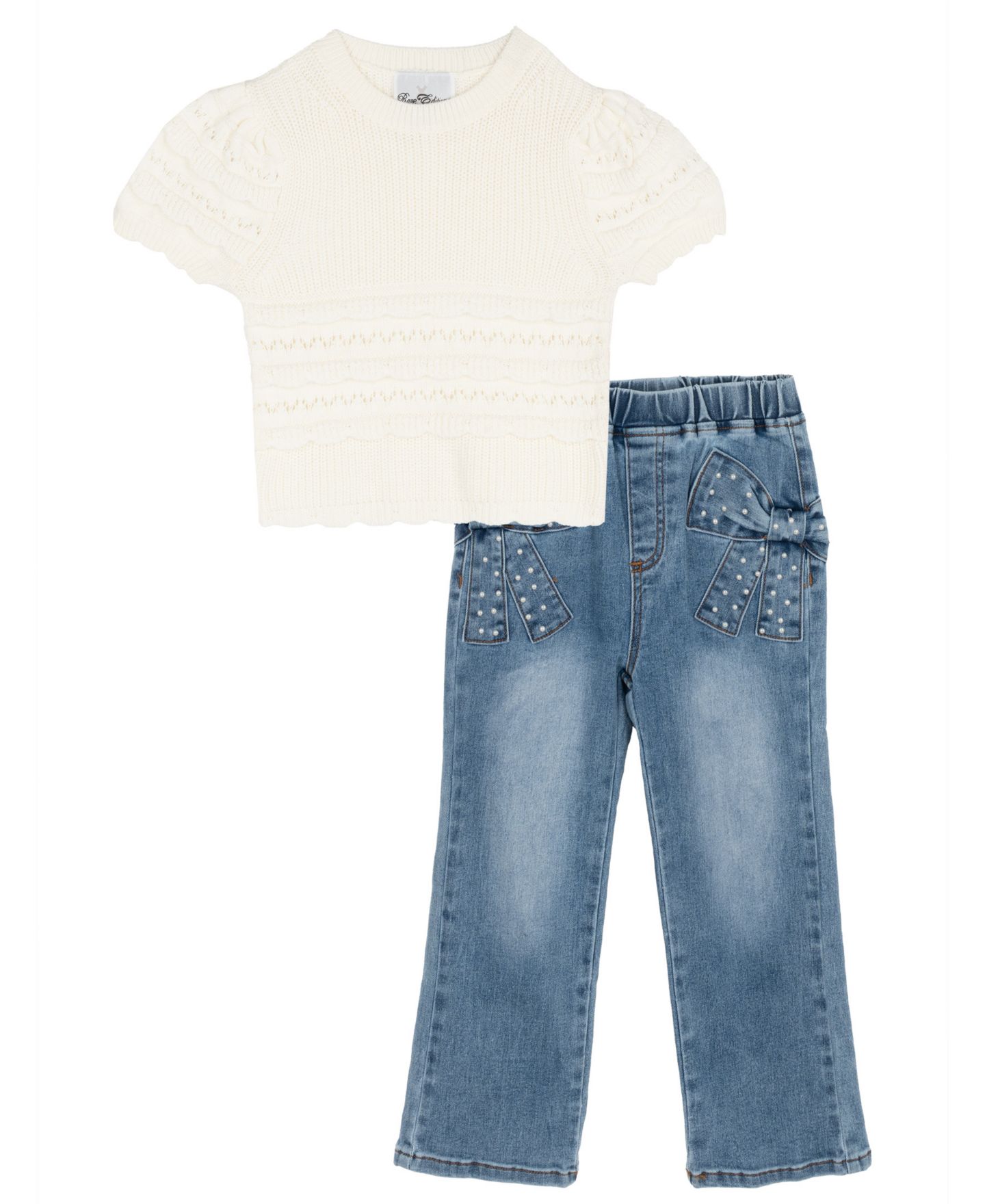 Rare Editions Girls' 2T-6X Crochet Knit Top and Bow Detail Rib Knit Jeans, 2-Piece Set, цвет: Слоновая кость — фото 4
