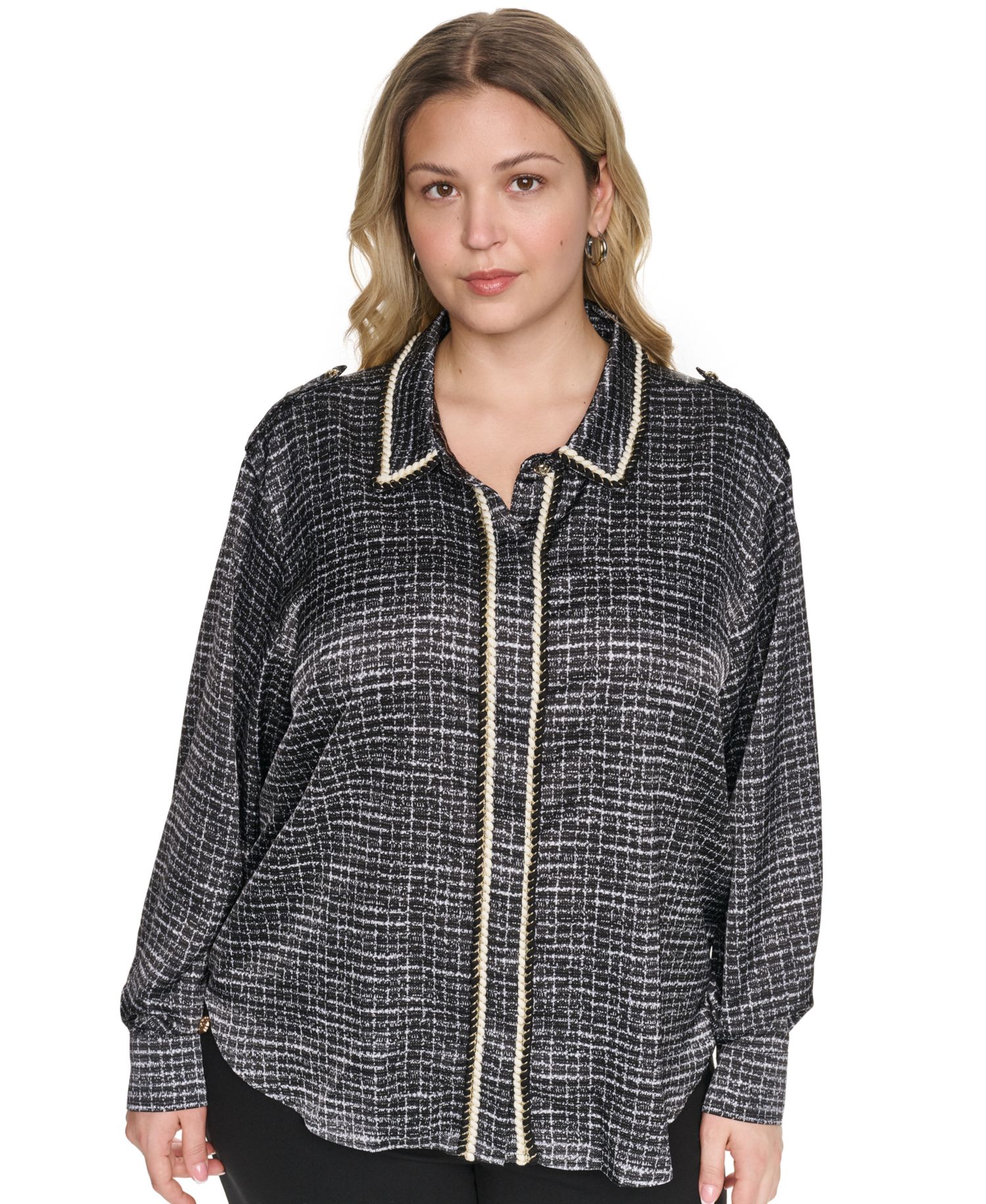 Plus Size Tweed Print Collared Long-Sleeve Top