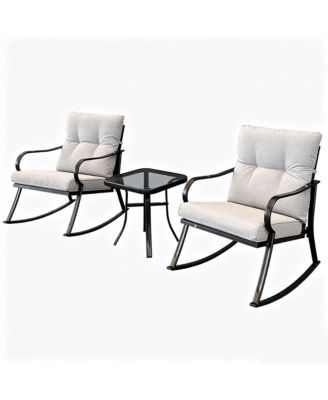 3 Piece Patio Rocking Chair Set with Cushioned Rockers and Glass Top Side Table