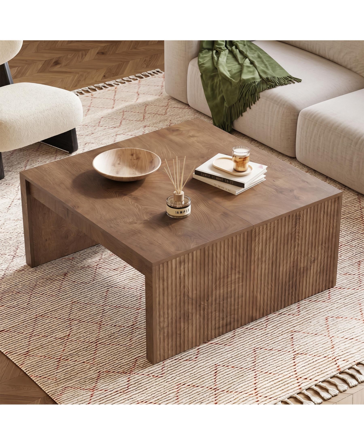 Tribesigns Square Coffee Table, 39.4-Inch Fluted Coffee Tables, Mid-Century Modern Center Cocktail Table