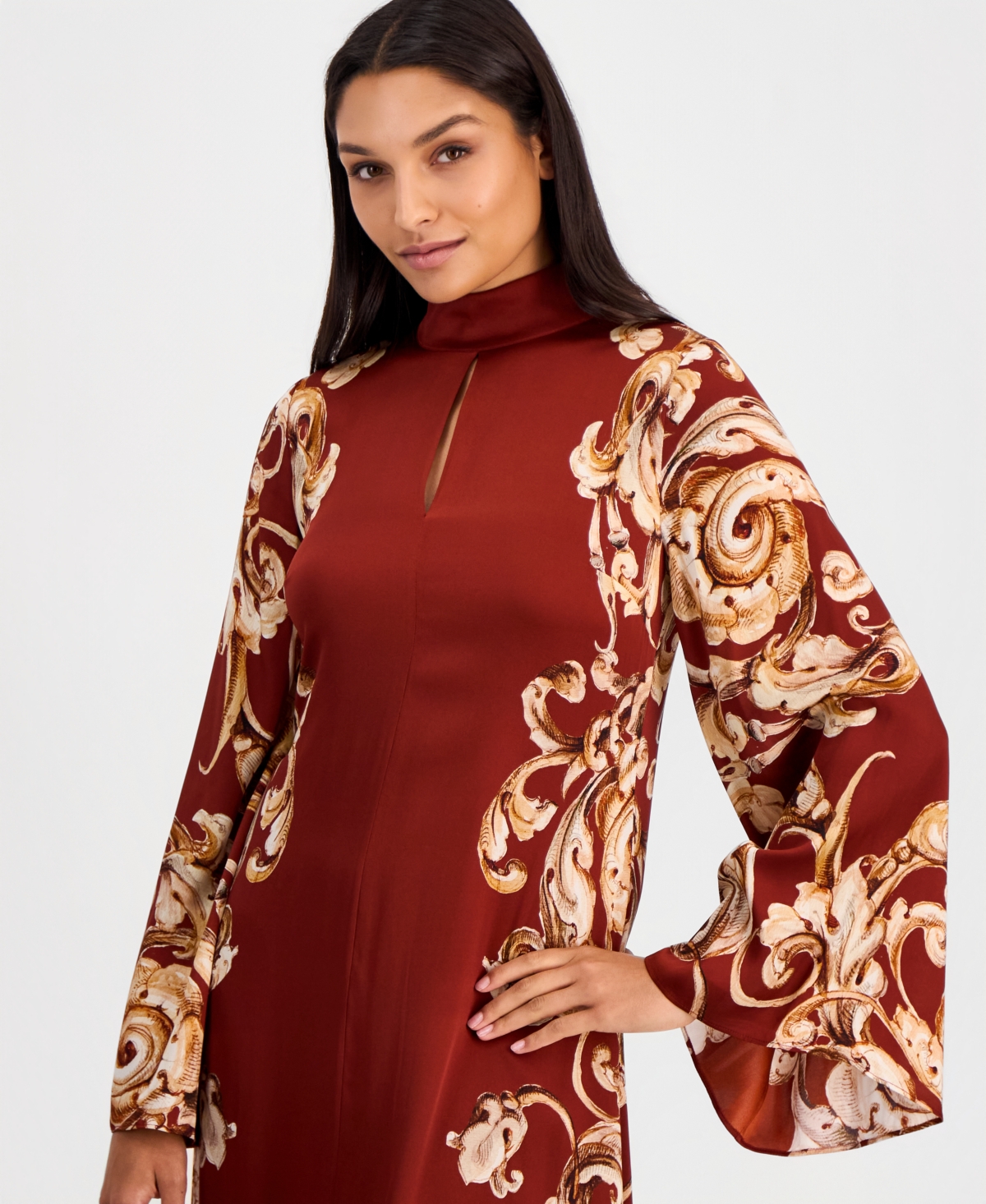 Elie Tahari Women's Analeia Mock-Neck A-Line Long-Sleeve Silk-Blend Maxi Dress