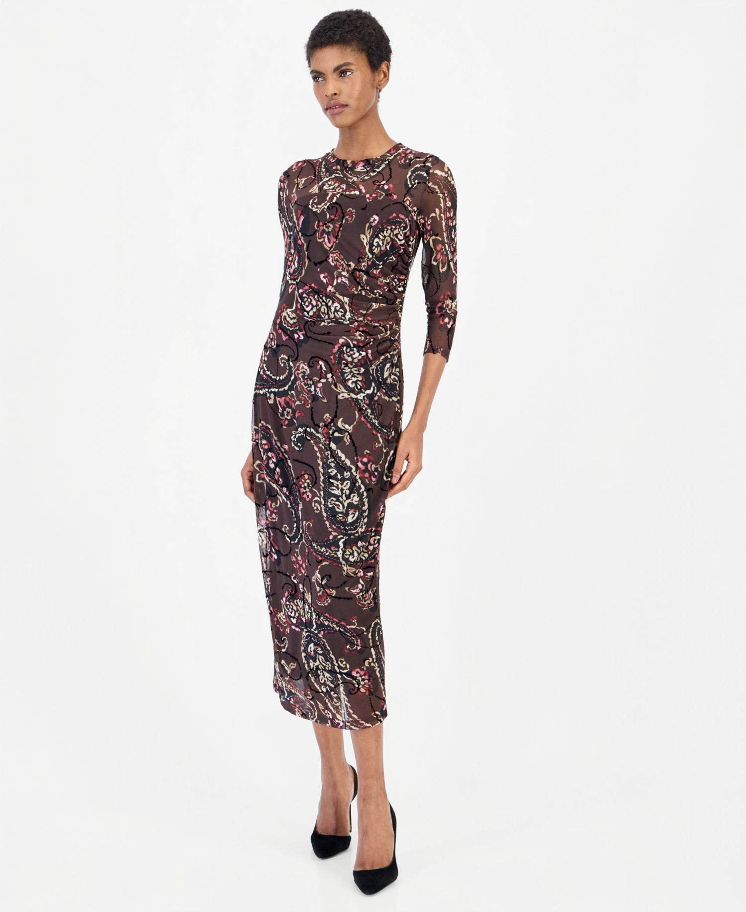 Women's Paisley-Print Side-Ruched Midi Dress