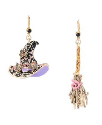 Faux-Stone Halloween Witchy Hat Broomstick Drop Earrings