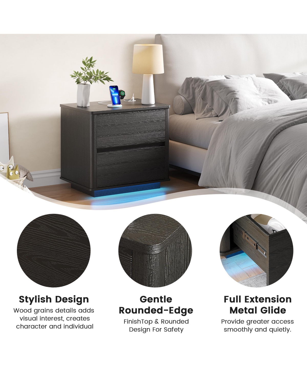 Vlsrka Modern Wooden Nightstand with Motion Sensor Light and 2 Drawers