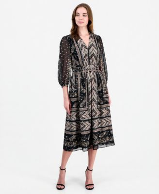 Women's Long-Sleeve V-Neck Smocked Ruffle Midi Dress