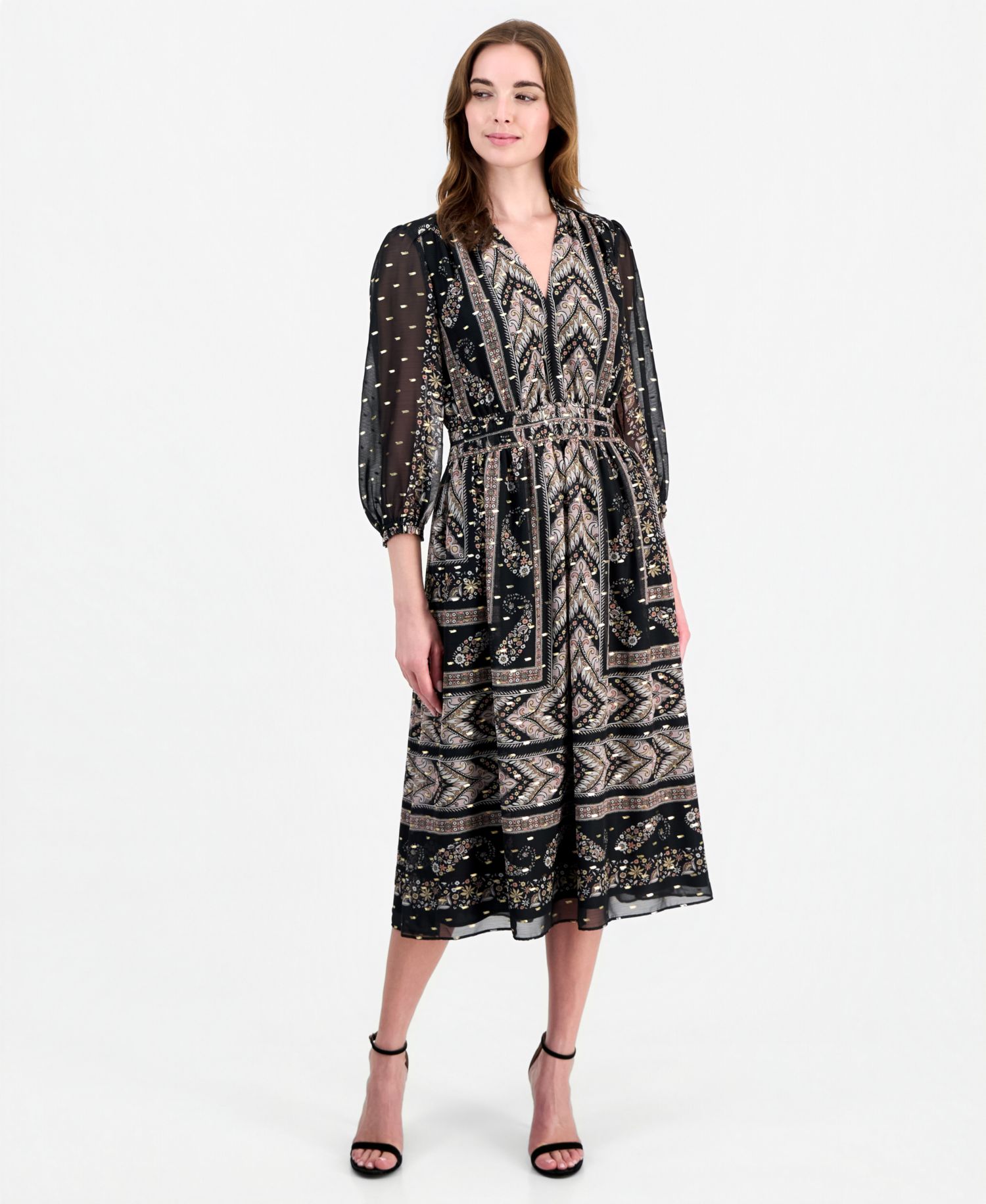 Women's Long-Sleeve V-Neck Smocked Ruffle Midi Dress