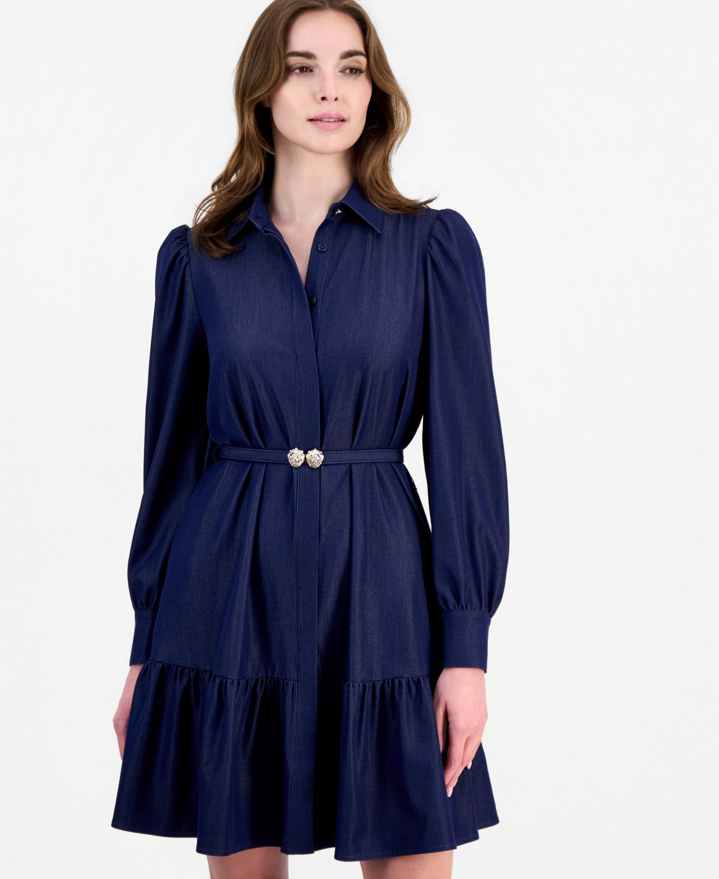 Женское джинсовое платье-рубашка Anne Klein с ярусами и длинным рукавом, цвет: Искусственный — фото 3