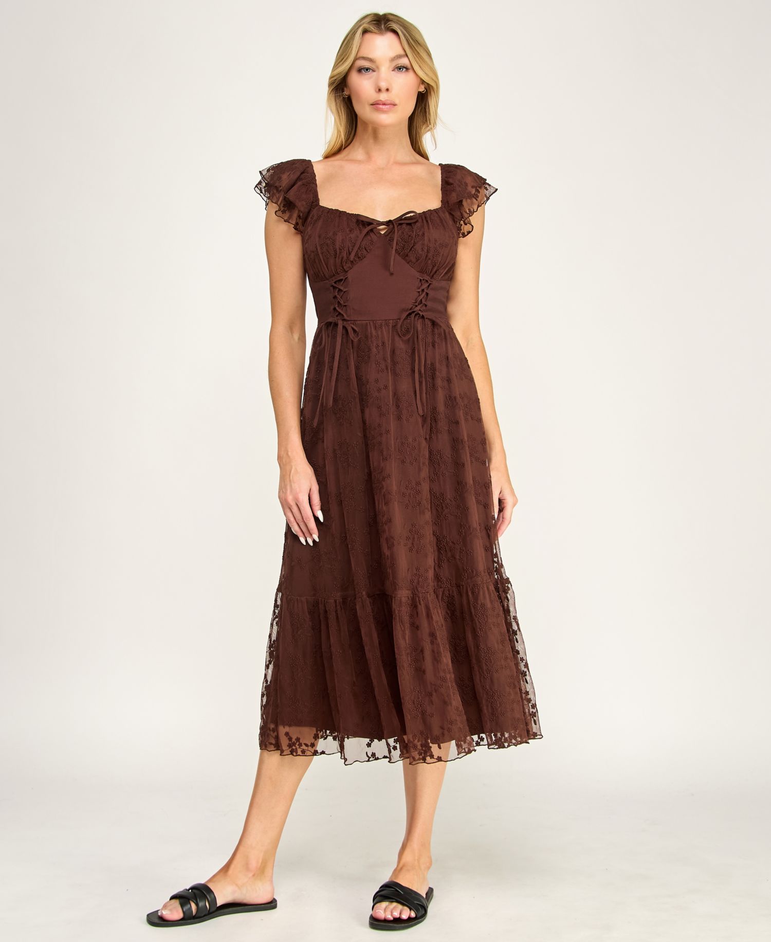 Juniors' Sweetheart-Neck Flutter-Sleeve Lace Midi Dress