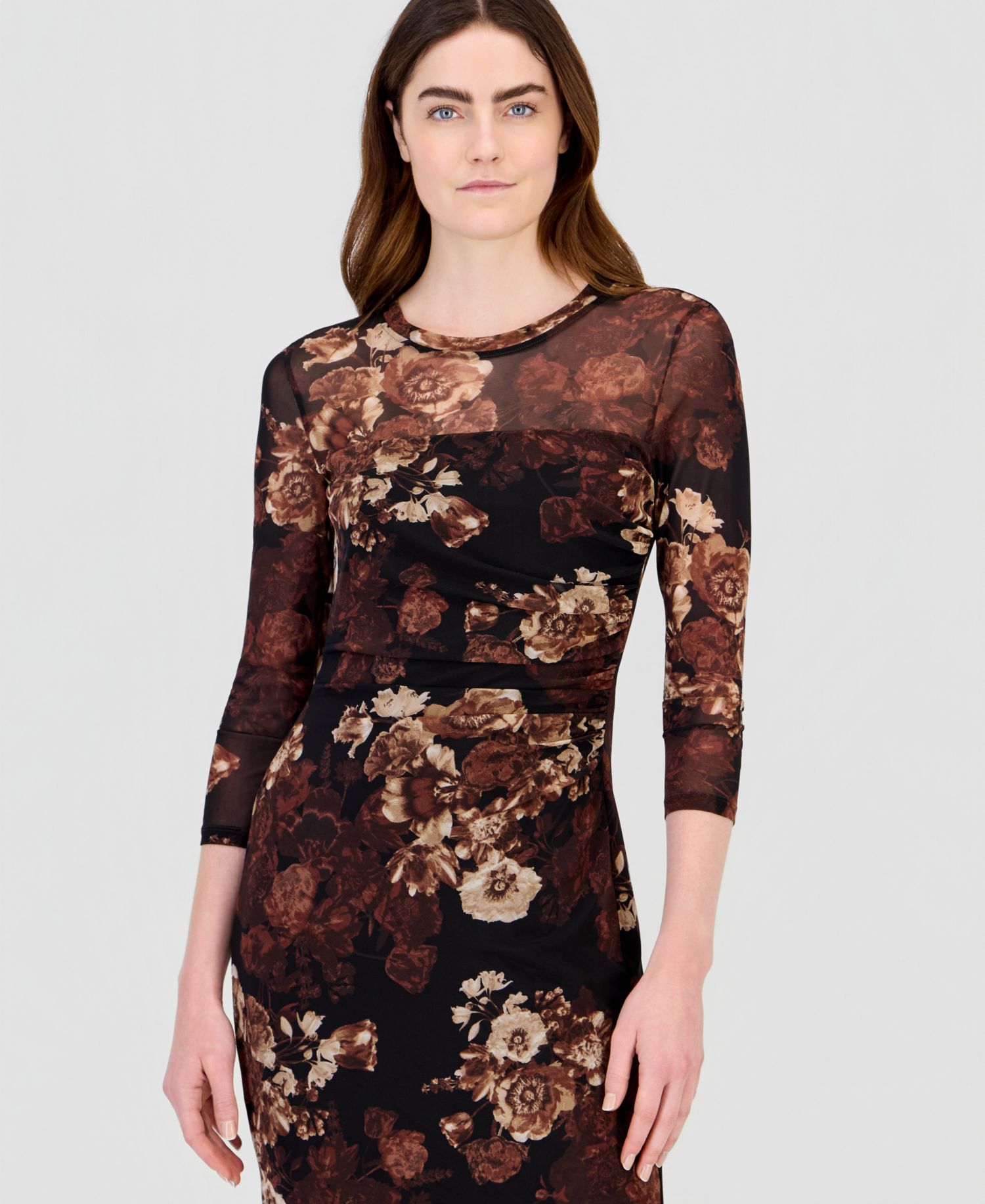 Women's Floral-Print Mesh Side-Ruched Midi Dress