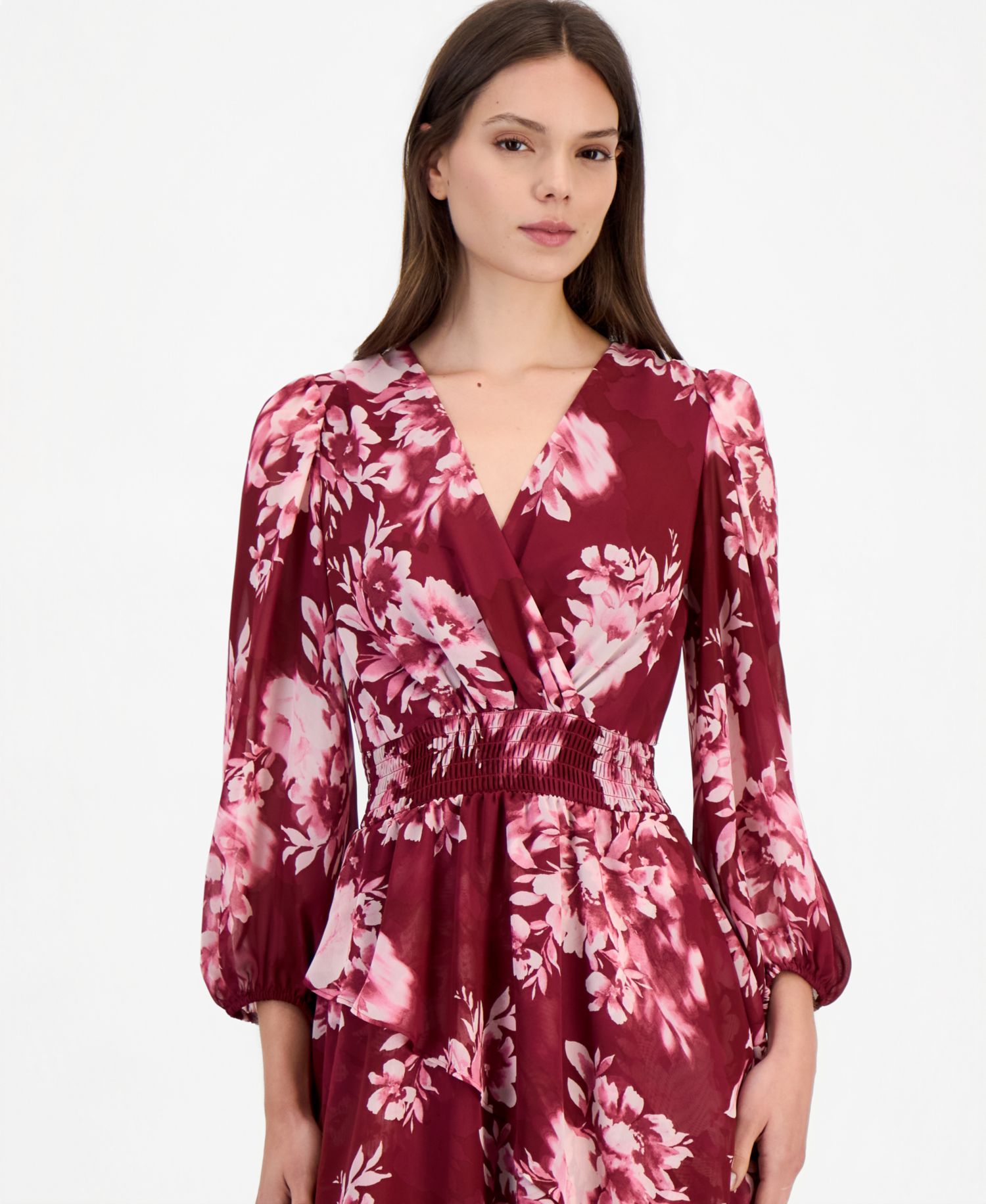 Women's Floral-Print Tiered Long-Sleeve Midi Dress