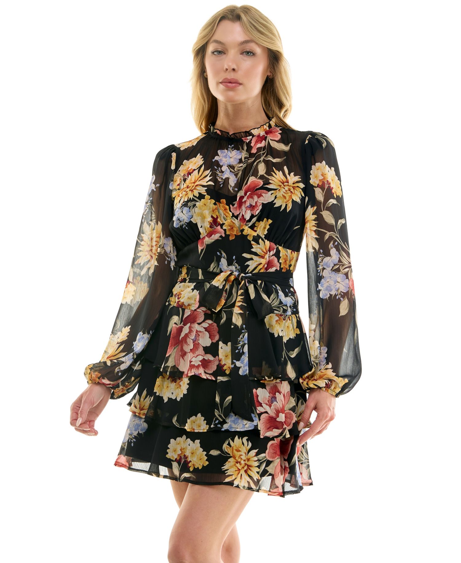 Juniors' Long-Sleeve Boat neck Tiered Skirt Dress