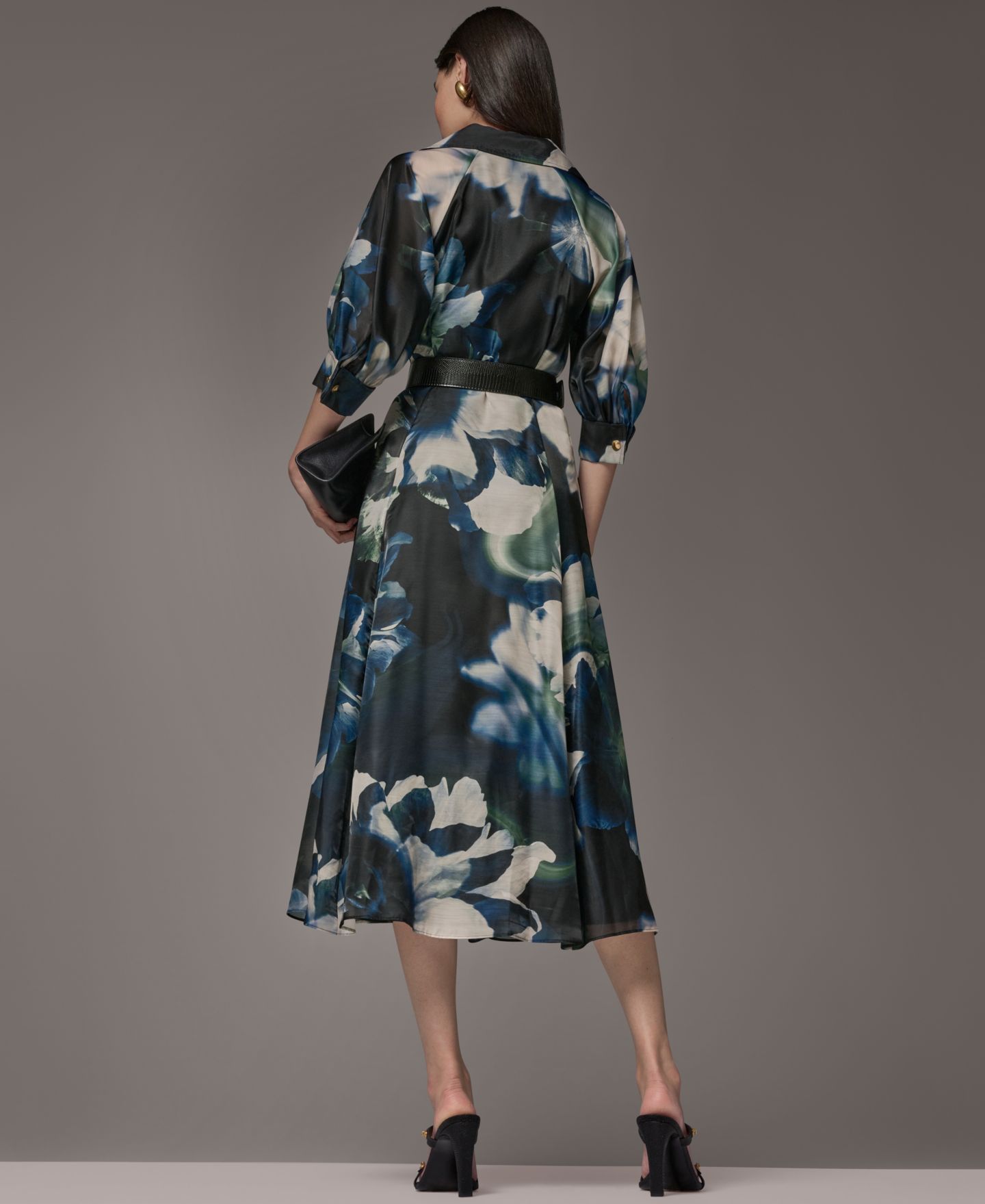 Женское платье Donna Karan New York Petite Organza Printed Shirt Dress, цвет: Чёрный тёмно-зелёный разноцветный — фото 9