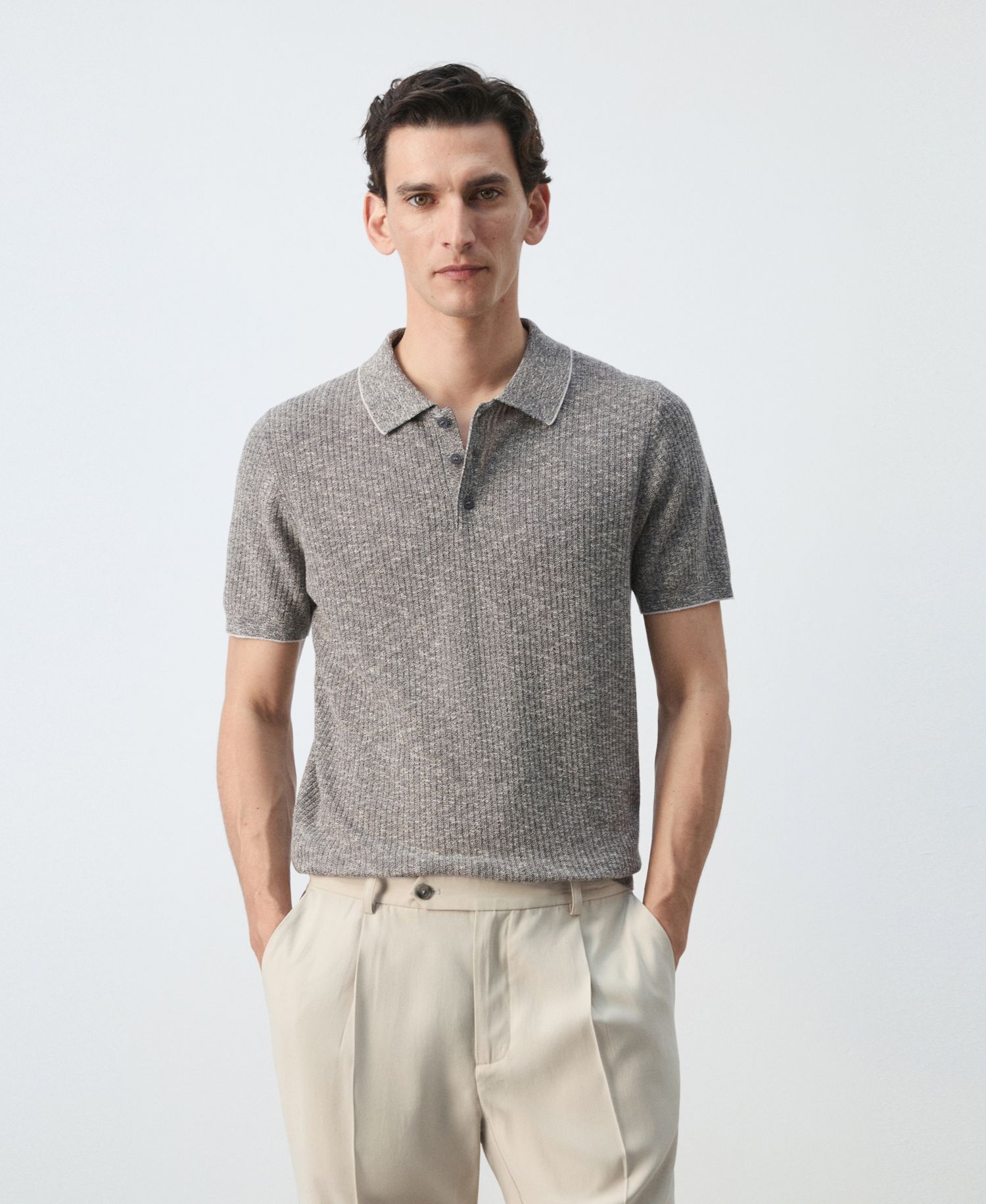 Men's Ribbed Linen-Cotton-Blend Polo Shirt