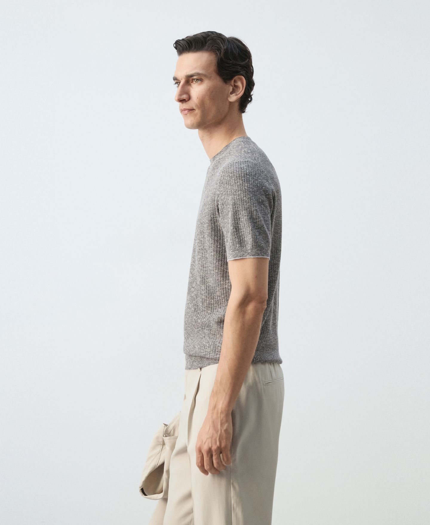 Мужская футболка Mango Ribbed Linen-Cotton Blend, цвет: Тёмно-синий — фото 4