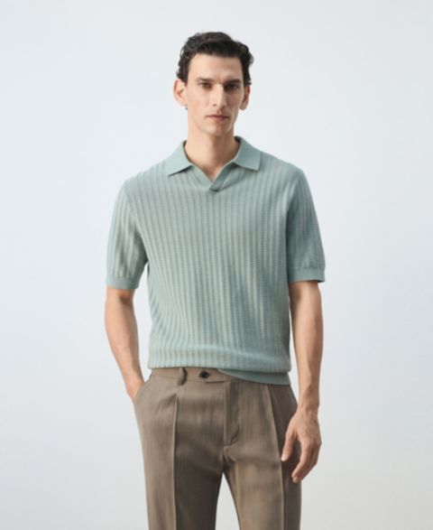 Мужское поло Mango Structured Cotton Knit Polo, цвет: Изумрудный зелёный