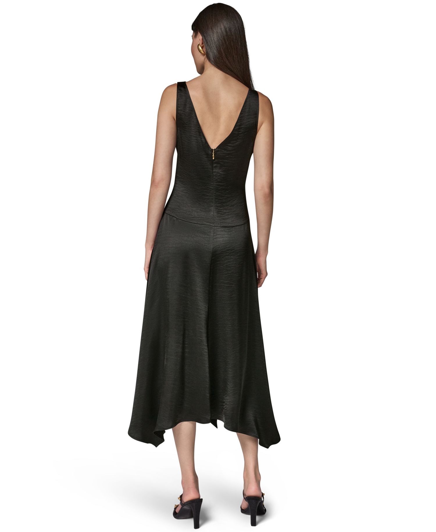 Women's Satin Sleeveless Surplice-Neck Draped A-Line Midi Dress