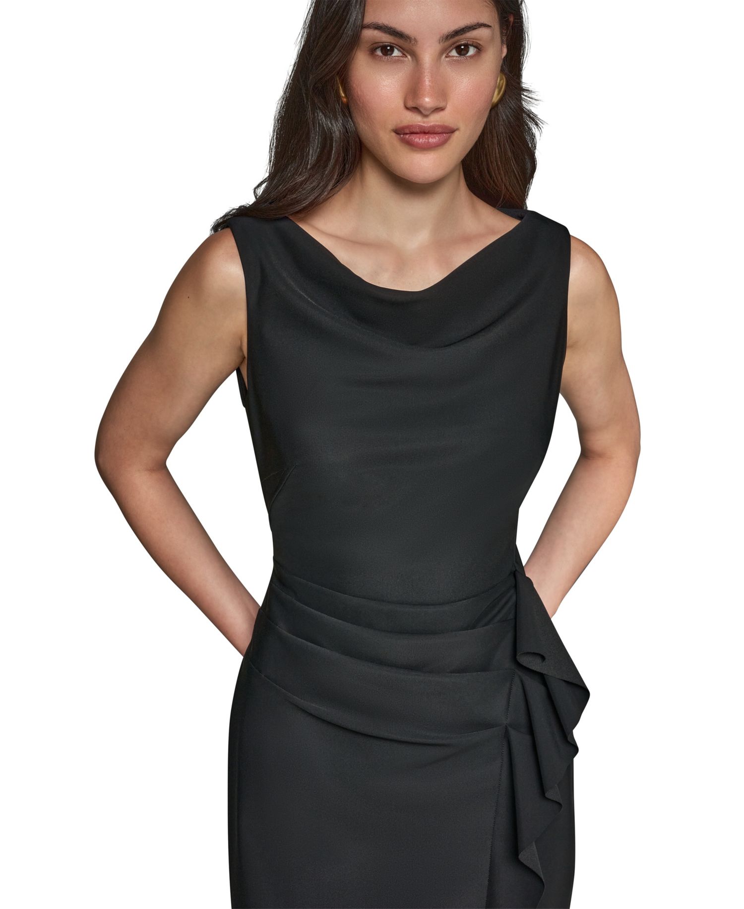 Women's Sleeveless Draped Sheath Dress with Side Ruffle